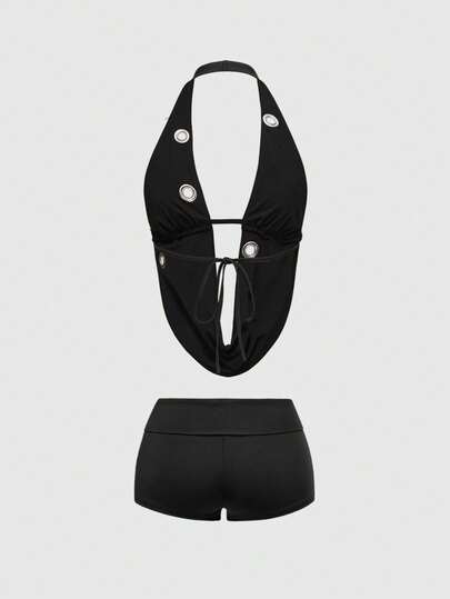 ROMWE Avant Ensemble crop top et short streetwear Y2K Baddie avec pendentif croix en métal et décoration œillet pour femmes