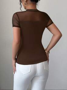 Elenzga Áo thun nữ cổ tròn tay ngắn họa tiết lưới vá trơn màu đa năng mùa hè 2025 - màu nâu - Xem 2