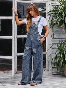 EMERY ROSE 女式休闲水洗做旧牛仔背带裤 - 藍色 - 查看 2