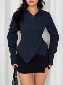 Modelyn Camisa de manga larga de unicolor y estilo minimalista para mujer, para uso casual diario - Azul Marino - Ver 4