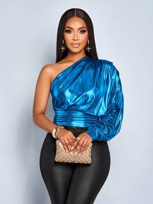 SOLERSUN "Áo sơ mi dài tay xếp ly một bên vai dành cho nữ, áo dài tay, thích hợp mặc dự tiệc, lễ hội âm nhạc" - Màu xanh ngọc - Xem 5