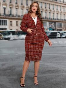 SHEIN Clasi Ensemble tailleur jupe élégant ajusté à carreaux noirs et blancs. Tailleur-jupe pour femmes, ensemble veste et jupe pour le bureau. Tenues décontractées chic pour femmes en deux pièces, convient pour l'automne/l'hiver - Rouge foncé - Voir 4