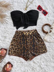 Soleia Winter And Summer  Christmas 2pcs Women's Black & White Striped Woven Tie-Up Bandeau Top And High Waist Shorts Set, Suitable For Date, Afternoon Tea, Beach, Cruise, City Vacation, Music Festival, Boho Vacation Two Piece Outfit Sequin Shorts Cheetah Print Shorts Cheetah Shorts Cheetah Print Two Piece Cheetah Print Bathing Suit High Waist Swimsuit Set Bikini High Waisted Set New Year Clothes  Party  For Women Beach  Formal Sequin Leopard Print