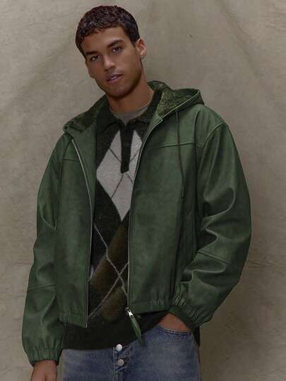 Musero 方正哑光PU皮革连帽拉链抽绳夹克，内里蓬松，春夏款