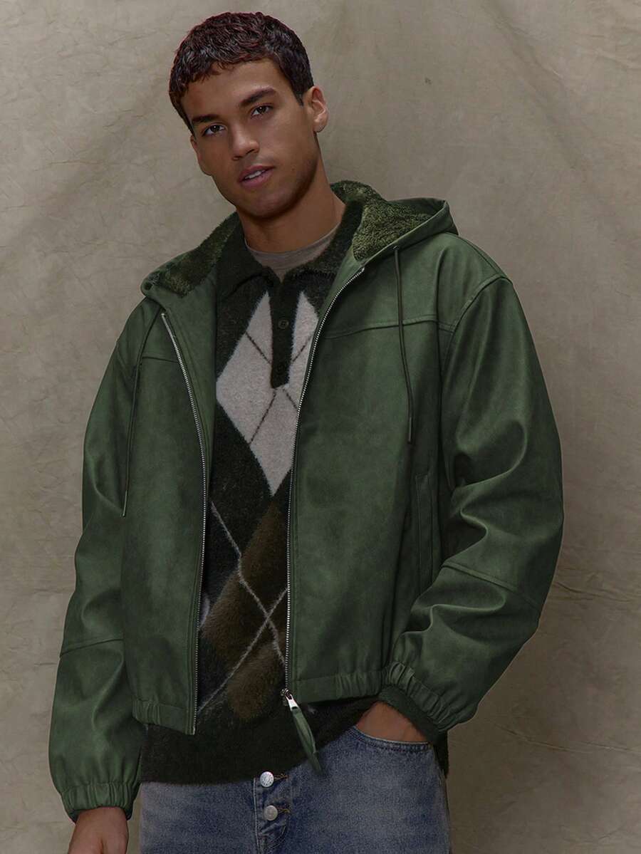 Musero Boxy Matte PU Leather Hooded Zip Through String Jacket Fluffy Inside SPRING SUMMER - Green - View 1