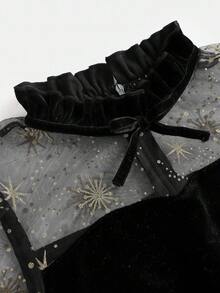 Pitira 青少年女孩天鹅绒金色闪光网眼蝴蝶结装饰透明网眼拼布灯笼袖修身黑色优雅连衣裙，适合新年派对、返校、淑女、法式时尚、公主风格、婚礼季、生日派对、花童礼服、情人节 - 黑色 - 查看 5