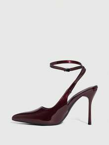 CUCCOO SZL Pointed Toe Stiletto High Heel Burgundy Faux Pearl Fabric Fashion Versatile Sexy Party Ankle Strap Women's High Heel Pumps For Christmas - Burgundy - View 6