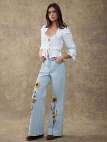 WESTFADE High Rise Floral Embroidered Relaxed Flare Cotton Blend Denim Jeans Cute Fall, Autumn, Winter, Casual Cute Boho, Western Wear, Country Concert - Light Wash - View 4