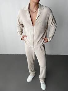 Manfinity Hypemode Completo casual da uomo con camicia a maniche lunghe con chiusura lampo e pantaloni lunghi di colore unito - Bianco - Visualizzare 4