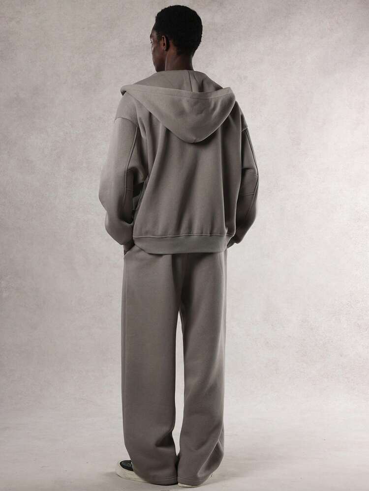 Men's Letter Print Thermal Lined Zip-Up Hoodie Set, Khaki, Autumn/Winter