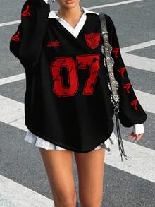 Muchica 女士休闲撞色 Polo 领长袖宽松 T 恤，适合秋冬季 - 黑色 - 查看 5
