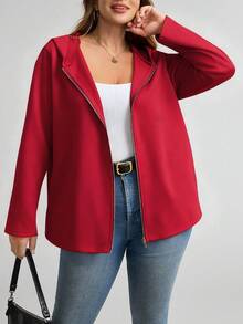 SHEIN LUNE 大码女式秋冬休闲外套，万圣节服装拉链连帽外套带口袋，百搭秋冬外出外套 - 酒紅色 - 查看 4
