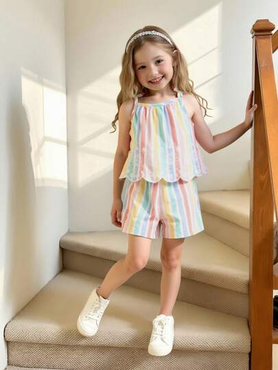 SHEIN Elladie kids 青少年女孩条纹度假吊带背心和短裤两件套休闲套装