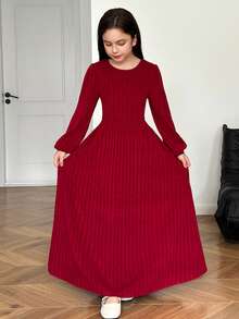 Tween Girl Integrated Casual Minimalist Comfortable Soft Round Neck Long Sleeve A-Line Textured Elegant Red Christmas Long Dress - Red - View 3