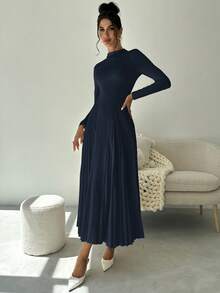 Firerie 女士优雅百褶A字长袖紧身连衣裙，百搭秋季 - 藏蓝色 - 查看 7