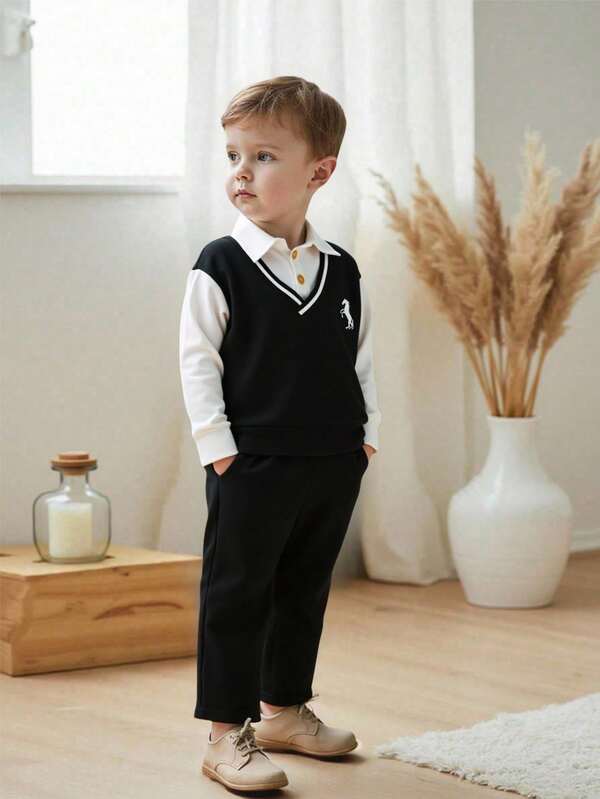 2pcs/Set Young Boy Casual Letter Print Shirt V-Neck 2 In 1 Long Sleeve Sweatshirt And Solid Color Pants Set, Suitable For Casual Outdoor Activities In Autumn/Winter