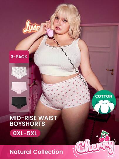 LUVLETTE Paquete de 3 pantis tipo short de cintura alta de algodón suave para mujer - Estilo de pijamas de Navidad con cerezas 2025