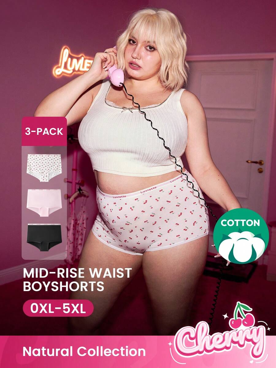 LUVLETTE Plus 3-Pack Soft Cotton High-Waist Boyshorts Women Underwear Panty Set-Cherry Christmas Pajamas Style 2025