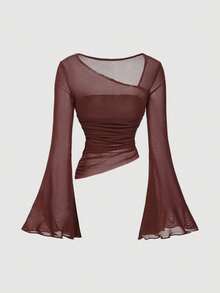 SHEIN MOD 女士棕色网眼修身喇叭袖上衣 - 棕色 - 查看 2