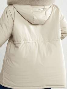 SHEIN CURVE+ Curve Plus Size Solid Colored Hooded Padded Coat With Waist Drawstring/Winter - Apricot - View 8