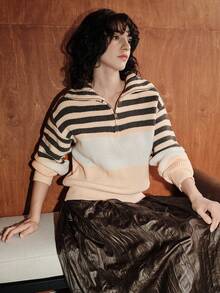 Zovinel Áo khoác cardigan sọc cổ khóa kéo thanh lịch dành cho nữ, áo khoác ngoài dài tay, áo len dệt kim sọc màu tương phản, thu/đông - Màu Khaki - Xem 7