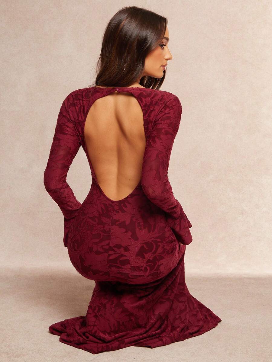 Silquee 女式秋冬提花镂空露背修身长袖鱼尾裙 - 酒紅色 - 查看 1