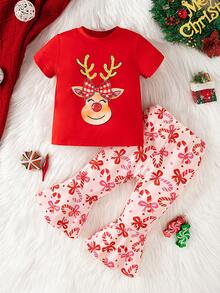 SHEIN Playful Pals 夏季时尚女宝宝，甜美优雅的蝴蝶结樱桃图案圆领短袖上衣搭配可爱的豹纹喇叭裤，日常穿着，外出必备单品 - 彩色 - 查看 4