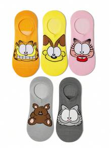 GARFIELD | SHEIN 5 đôi tất cổ ngắn mềm mại thoáng khí họa tiết mèo, chó và gấu, tất không lộ, mũi và gót được gia cố, thích hợp cho mùa xuân/hè, cặp đôi, nam, nữ, unisex - Nhiều màu - Xem 4