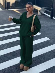 Muchica 2 件套女士橄榄绿色 V 领超大蓬松羊毛弹力宽松休闲运动衫和运动裤套装，秋冬 - 墨綠色 - 查看 5