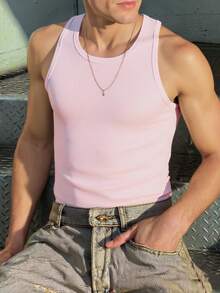 Manfinity Dauomo Men's Summer Casual Solid Color Round Neck Slim Fit Tank Top, 2000s Style - Baby Pink - View 3