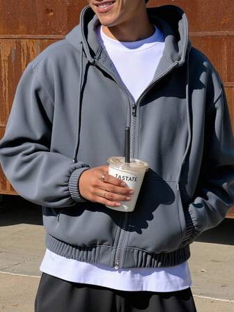 Manfinity Moletom com capuz masculino com zíper e bolso frontal, design simples, casual, uso diário