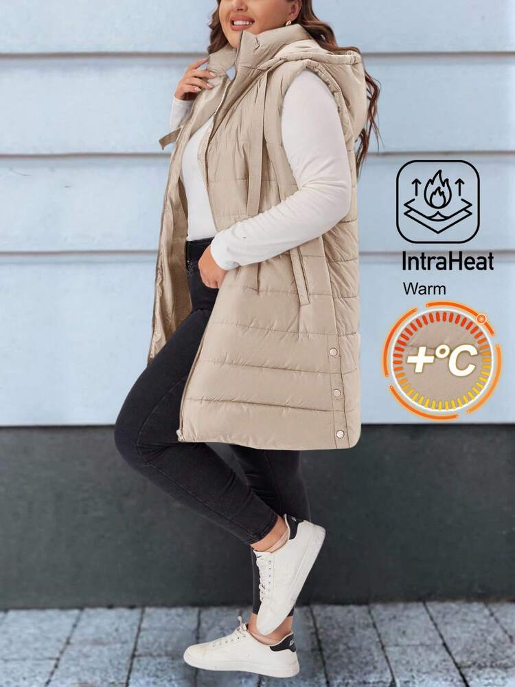 Colete Acolchoado com Capuz e Bolsos para Mulheres Plus Size, Casual e Simples, Ideal para o Outono/Inverno, Passeio, 2025, Moda Diária, Inverno, Natal, Ano Novo, Ação de Graças