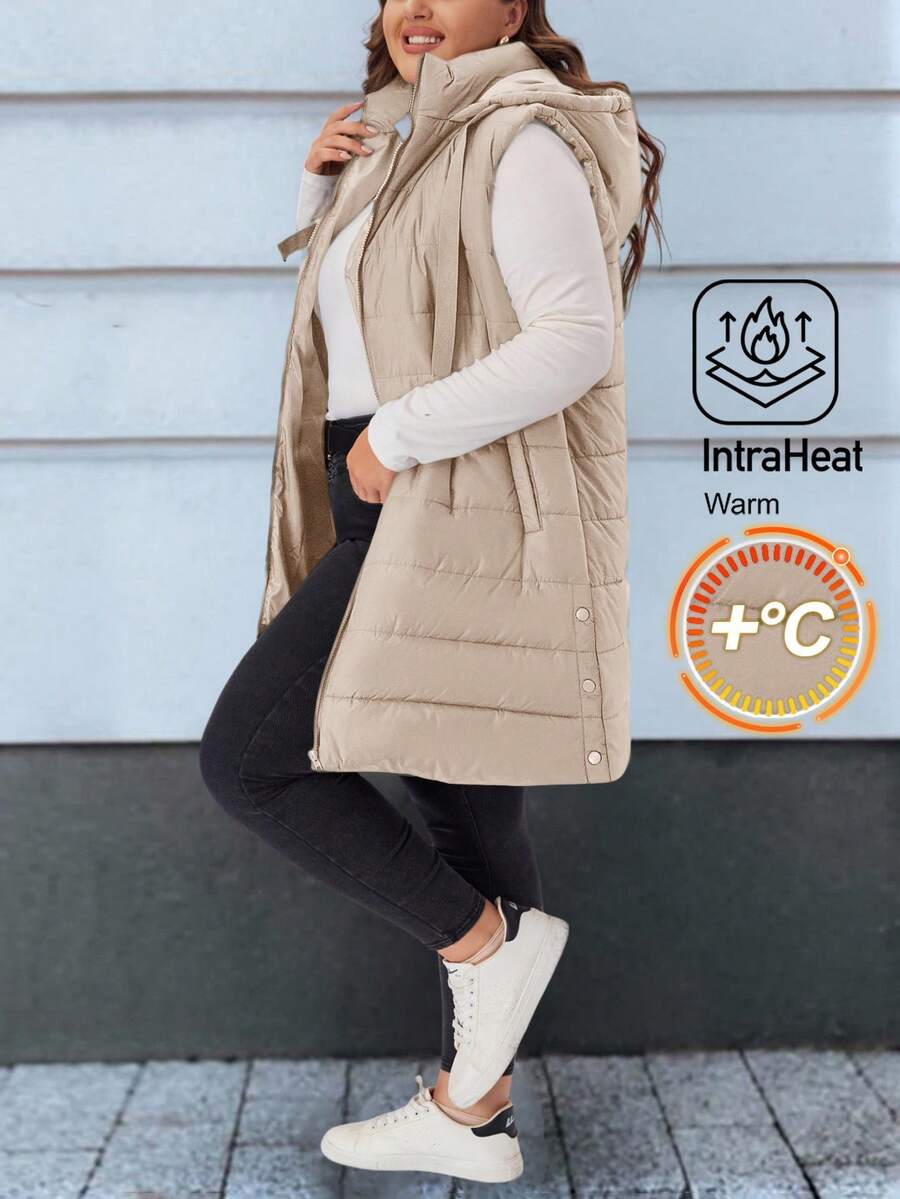 EMERY ROSE Áo khoác gile có mũ trùm đầu, lót bông, dáng suông, dành cho nữ cỡ lớn, thích hợp mặc mùa thu/đông, đi chơi, mẫu mới 2025, đơn giản và thời trang cho mặc hàng ngày, mùa đông, Giáng sinh, Năm mới, Lễ Tạ ơn. - Màu be - Xem 1