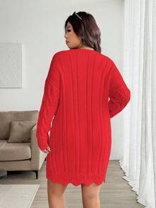 Vionelle Plus Size V-Neck Wavy Hem Drawstring Cable Knit Pattern Long Sleeve Sweater Dress, Solid Color, Casual & Fashionable For Autumn/Winter - Red - View 2
