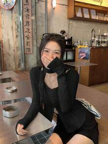 DAZY Áo thun nữ tay dài buộc dây, đơn hàng nút, phong cách Hàn Quốc, màu trơn - màu đen - Xem 3