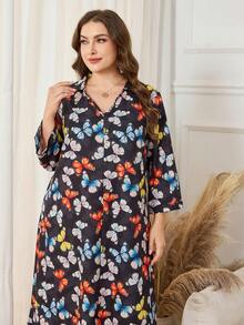 Al Najma Váy họa tiết bướm tay 3/4 thường ngày phong cách Ả Rập cỡ lớn dành cho nữ - màu đen - Xem 6