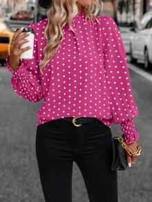 SHEIN Clasi Polka Dot Print Retro Mandarin Collar Long Sleeve Shirt - Hot Pink - View 4