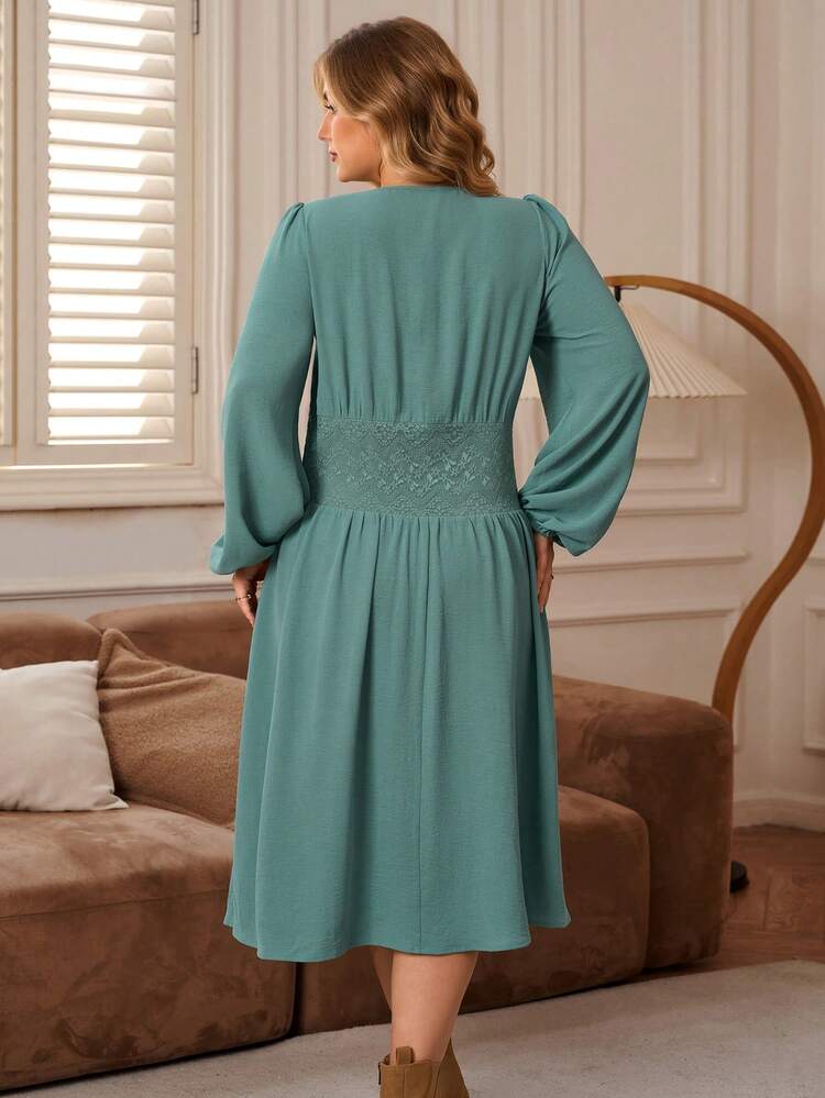 Plus Size Women V-Neck Lantern Sleeve Elegant Lace Trim Decorative Dress Elegant Midi Dress Green Elegant Dress Women Long Sleeve Elegant Dress, Autumn/Winter,2025 New