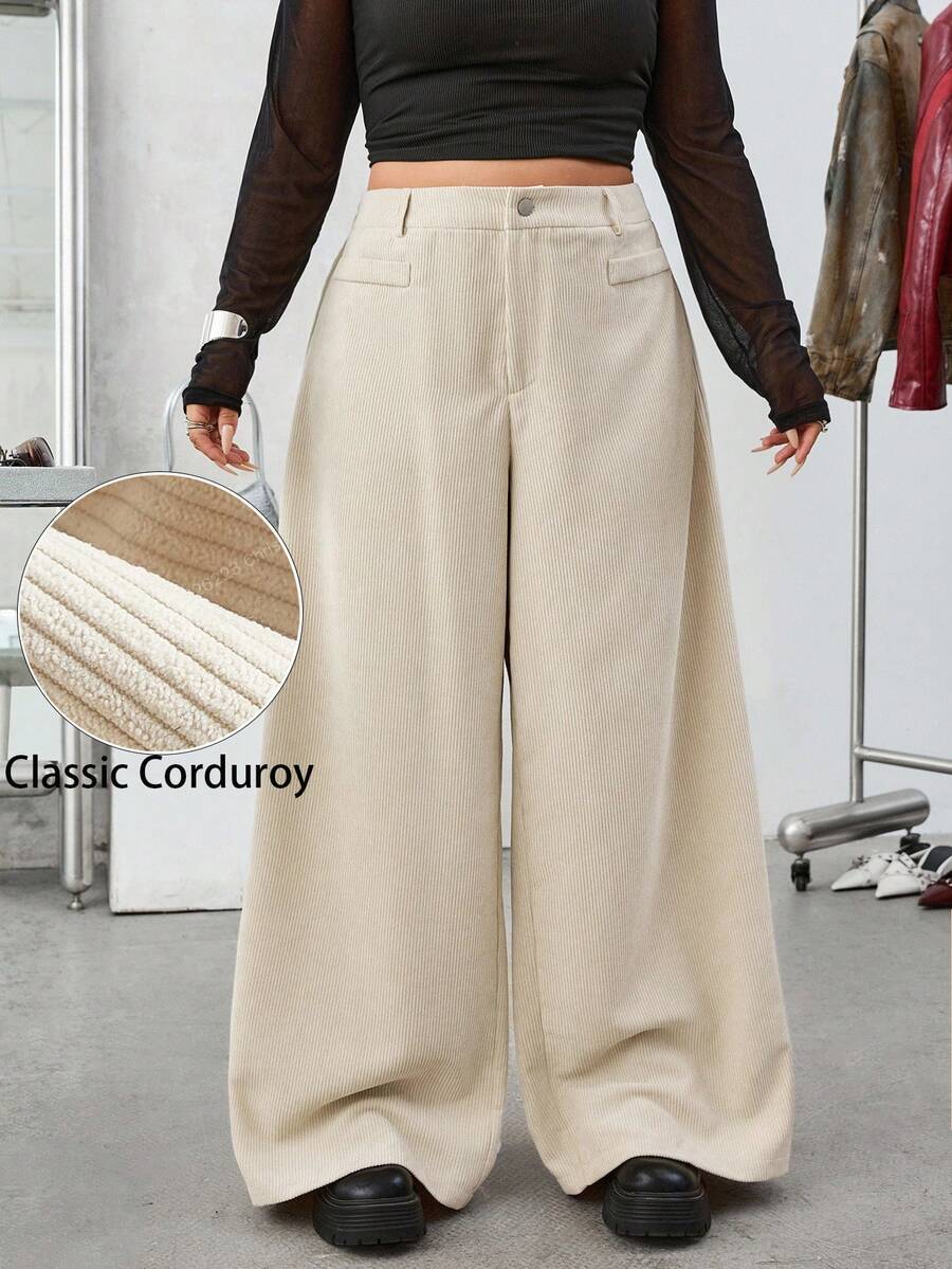 SHEIN EZwear 秋冬大码厚灯芯绒纯色前扣休闲阔腿裤 - 杏色 - 查看 1