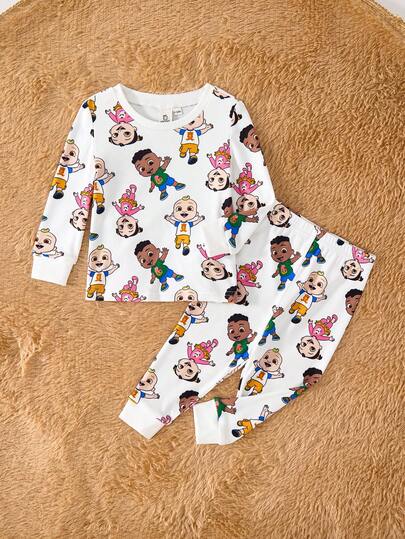 CoComelon X SHEIN 2pcs Baby Boy Cute Watermelon & Friends All-Over Print Crew Neck Long Sleeve Top And Pants Knit Casual Snug Fit Pajama Set