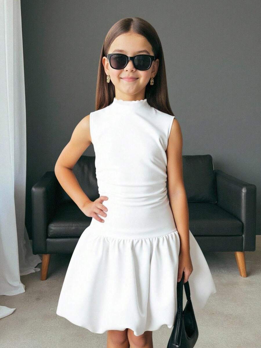 Firerie Kids Firerie Kids Vestido elegante de color blanco sólido con cuello alto para niñas preadolescentes Nova Glow, adecuado para uso casual diario y escolar, vuelta al colegio, vestido de graduación - Blanco - Ver 1