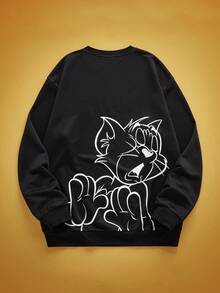 TOM & JERRY X SHEIN 男士休闲日常通勤卡通字母印花落肩宽松黑色套头衫，春秋季长袖上衣 - 黑色 - 查看 2