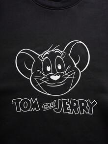 TOM & JERRY X SHEIN 男士休闲日常通勤卡通字母印花落肩宽松黑色套头衫，春秋季长袖上衣 - 黑色 - 查看 5