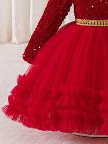 Glamorique Kids 圣诞快乐驯鹿圣诞夜圣诞派对一品红圣诞节年轻女孩礼服派对装圣诞老人礼服新年礼服，女童公主薄纱泡泡袖礼服独奏钢琴表演舞台礼服，圣诞节儿童舞会礼服，亮片 - 紅色 - 查看 5