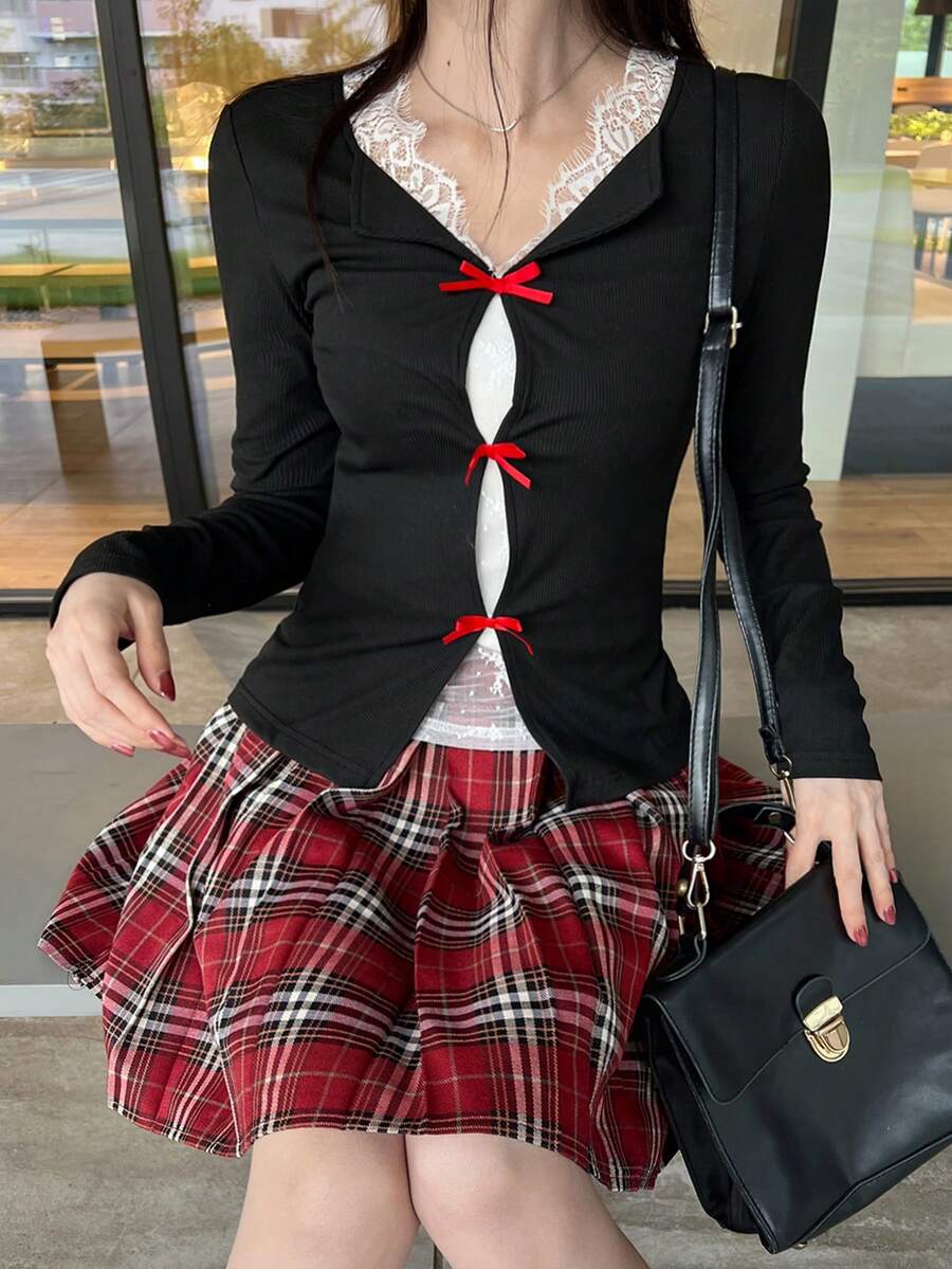 FRIFUL Women's Color Block Long Sleeve 2 In 1 Lace Fabric Bow Decor Fitted Casual Versatile T-Shirt, Autumn/Winter - Black - View 1