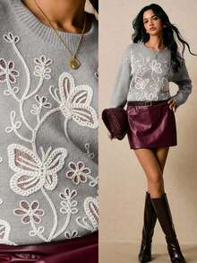 Poéselle Women's Floral Embroidery Round Neck Drop Shoulder Long Sleeve Fashion Sweater In Fall/Winter