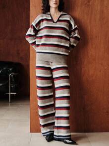 Franclia Set de două piese pentru femei, minimalist, casual, versatil, cu dungi, decolteu în V, tricotat, top și pantaloni, pulover elegant tricotat cu mânecă lungă și umeri căzuți, cu manșete crăpate