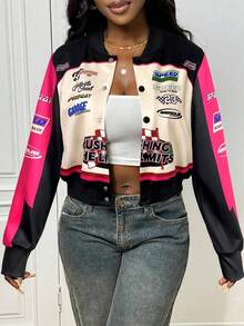 Slaydiva 2025新款早秋冬休闲街头日常约会机车复古棒球夹克口号Logo杏色拼接黑绿印花落肩长袖宽松外套针织面料女装 - 玫紅色 - 查看 3
