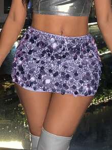 Slaydiva Rok Mini Bodycon Bergaya dengan Motif Payet dan Warna Polos, Rok Berkilau, Rok Berkilau - Mauve Purple - View 4