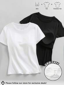 Tseoso 2 件装女式白色短袖圆领 T 恤，基本款上衣，四季皆宜，复古软妹风格，透气舒适，外出必备，家居服，返校季，秋季百搭上衣，性感运动健身服 - 白色 - 查看 12